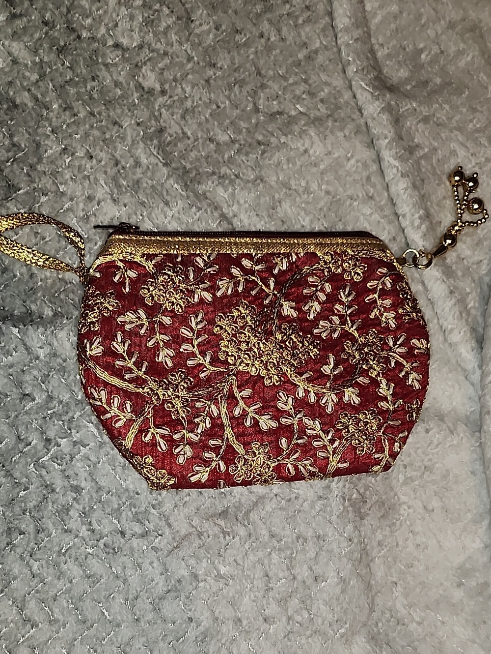Gold-Embroidered Red Wristlet Clutch